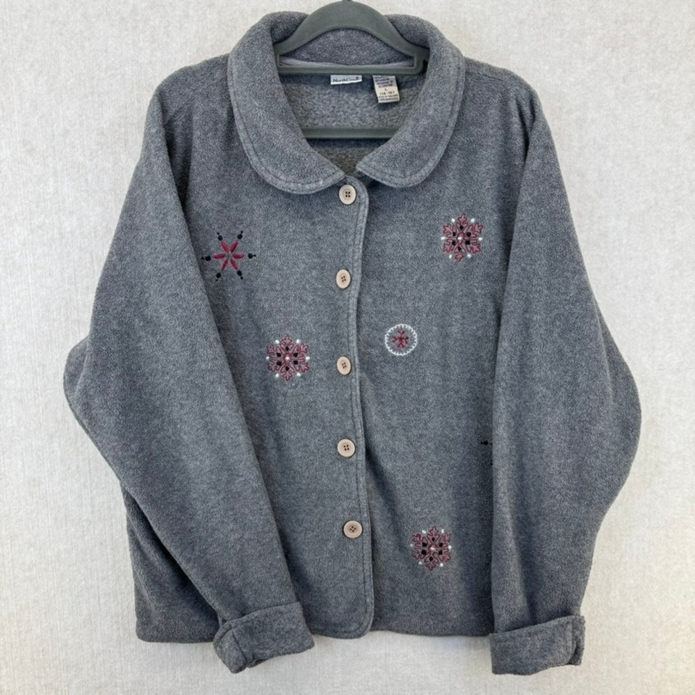 Vtg North Crest Womens L Gray Fleece Jacket Snowflake Embroidered Long Sleeve